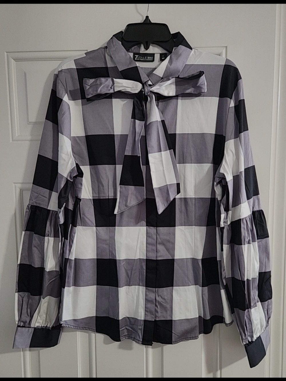 7th Avenue New York & Company Black & White Plaid Tie-Neck Blouse